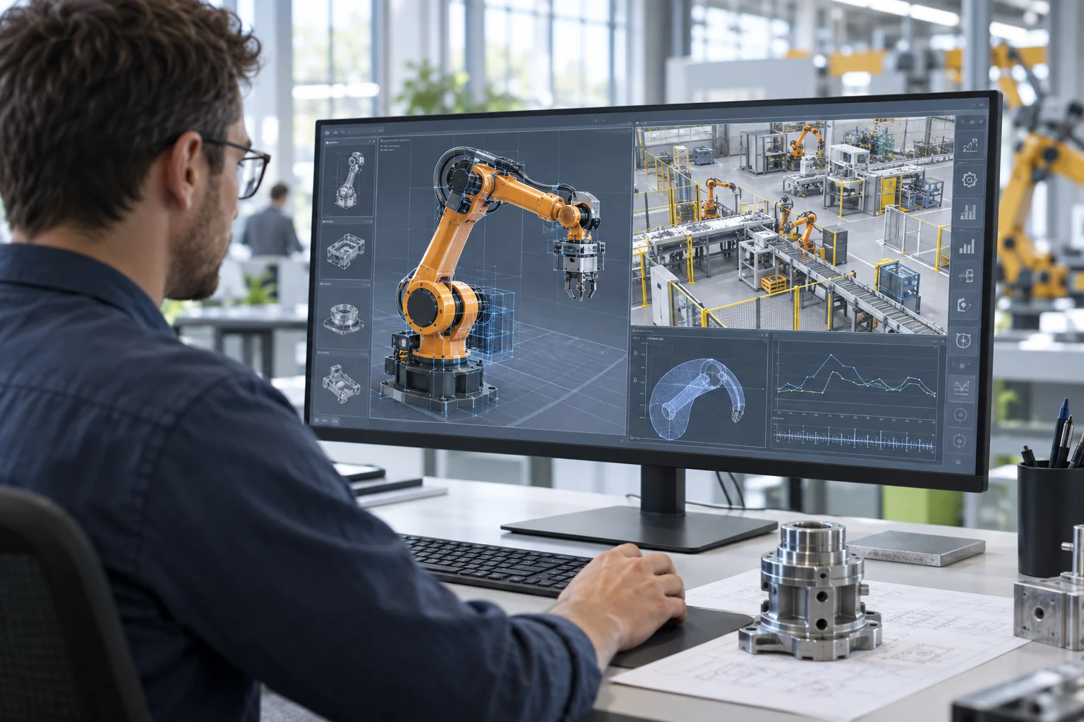 Illustration g&eacute;n&eacute;r&eacute;e : ing&eacute;nieur devant un &eacute;cran de simulation repr&eacute;sentant un robot et une usine en trois dimensions
