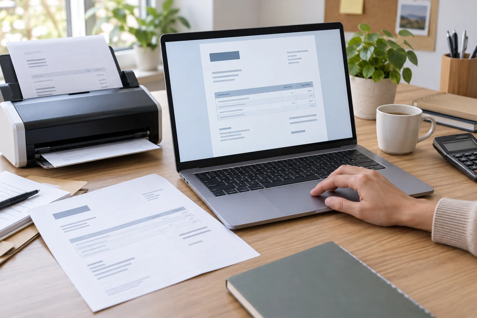 Illustration g&eacute;n&eacute;r&eacute;e : pr&eacute;paration de factures &eacute;lectroniques sur un ordinateur, avec scanner et documents sur un bureau