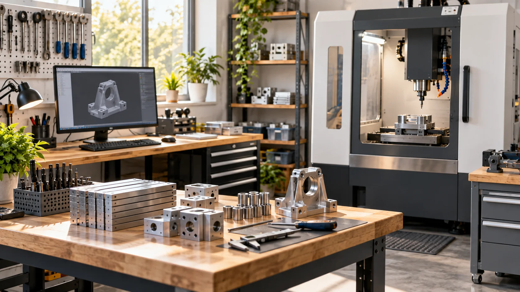 Illustration générée : machine-outil, ordinateur et pièces métalliques dans un atelier, équipements professionnels finançables en crédit-bail