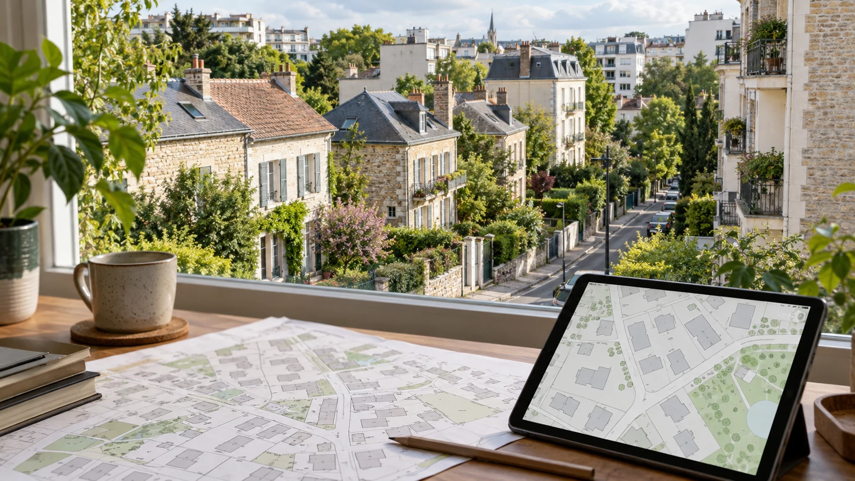 Rue résidentielle française vue depuis une fenêtre, avec un plan cadastral et une tablette au premier plan.