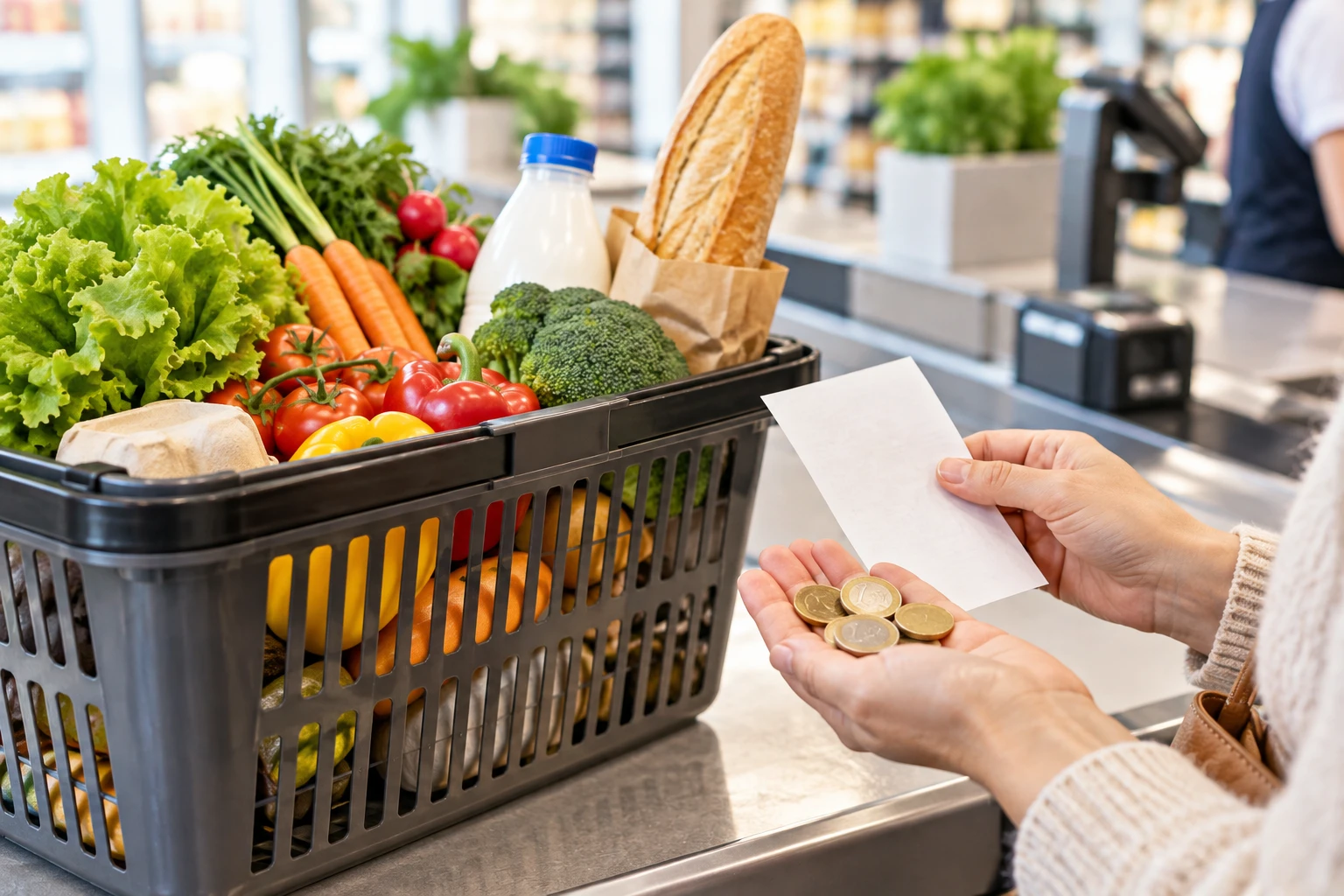 Illustration g&eacute;n&eacute;r&eacute;e : panier de courses alimentaires, ticket de caisse et pi&egrave;ces en euros dans un supermarch&eacute; lumineux
