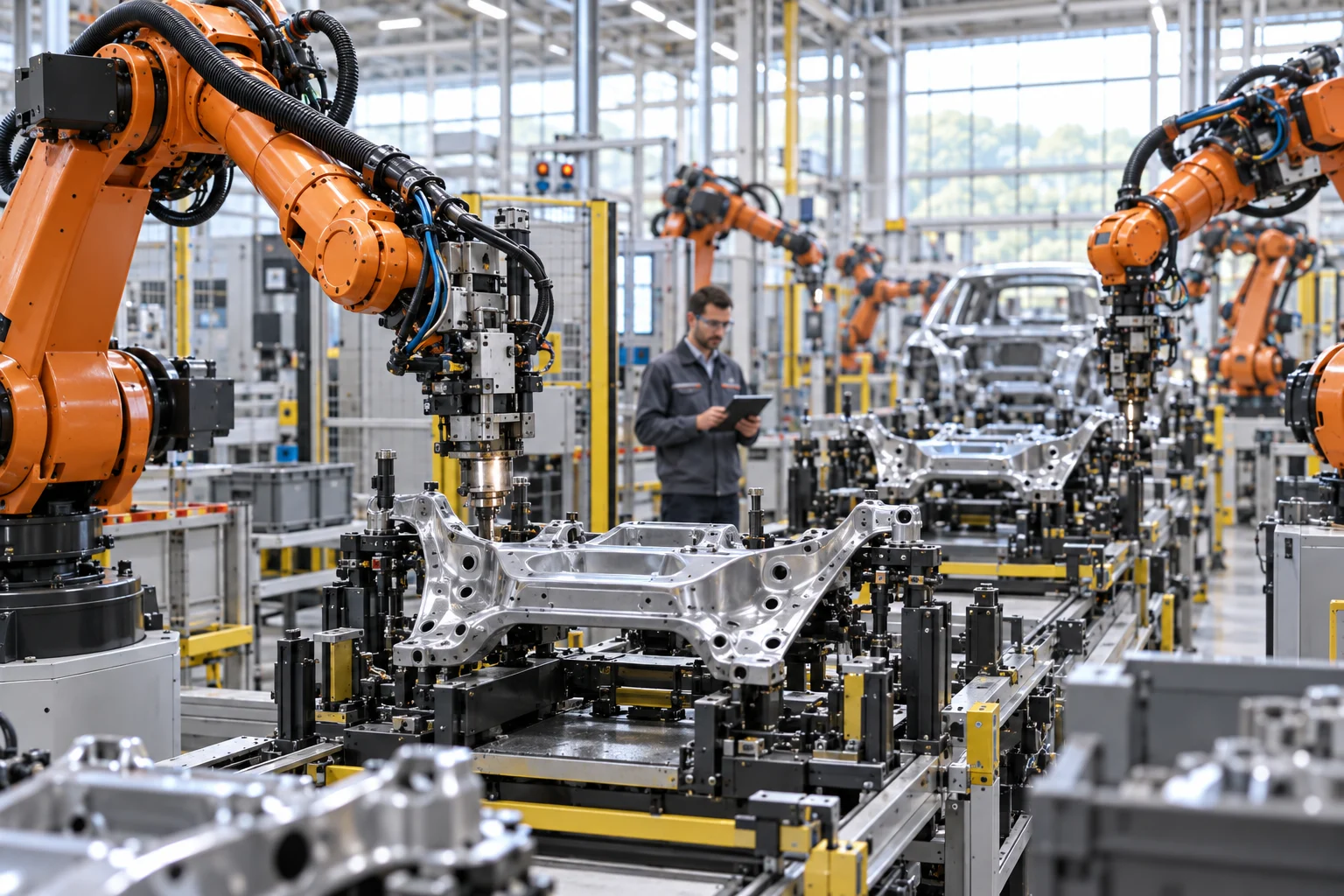 Illustration g&eacute;n&eacute;r&eacute;e : robots industriels assemblant des composants m&eacute;talliques sur une cha&icirc;ne de production